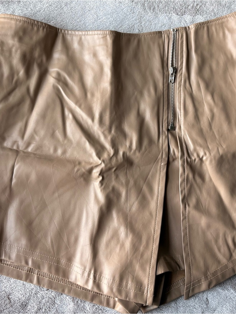 Beige Faux Leather High-Waist Skort with Front Zip